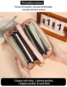 Internal detail of pink PU leather long wallet with double zippers and multiple card slots