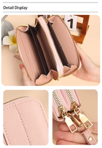 Detailed internal layout of a pink double-zipper wallet with card slots and pebbled leather