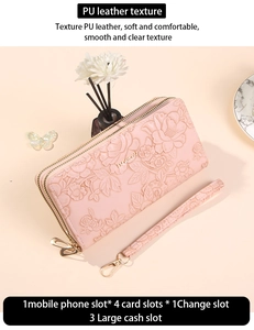 Detail of pink floral embossed double zipper wallet with phone slot and card holders