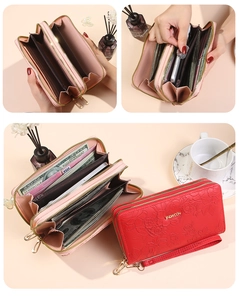 Floral embossed long double zipper wallet with multi-card slots and phone compartment