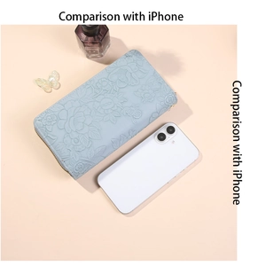 Detailed close-up of light blue leather wallet with floral embossing next to an iPhone