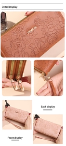Detail display of embossed floral texture and double zippers on this leather wallet