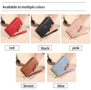 Detail view of double-zipper long wallets in five colors with floral embossed textures