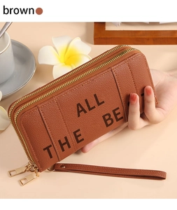 Brown litchi grain long wallet with double zipper and wrist strap for women