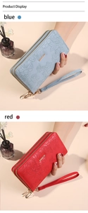 Detail of blue and red long wallets with floral embossing and double zippers