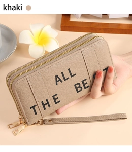 Khaki long double zipper wallet with embossed ALL THE BEST lettering and wrist strap