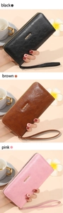 Detailansicht langer Damen-Geldbörsen aus Öl-Wachs-Leder in Schwarz, Braun und Rosa mit Schlaufe