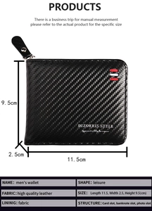 Close-up of carbon fiber pattern wallet with precise 11.5x9.5x2.5cm size specifications
