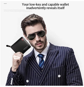 Business man holding black carbon fiber wallet with tricolor stripes and zipper