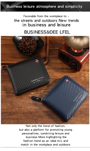 Close-up of carbon fiber texture and tricolor ribbon detail on men's multi-functional wallets
