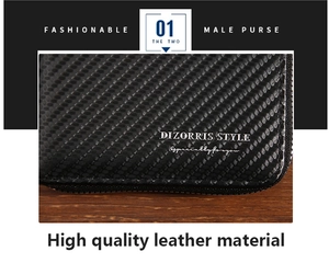 Close-up of carbon fiber texture and durable metal zipper on male leather wallet