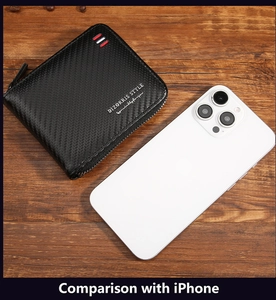 Compact carbon fiber texture wallet compared with a smartphone for size reference