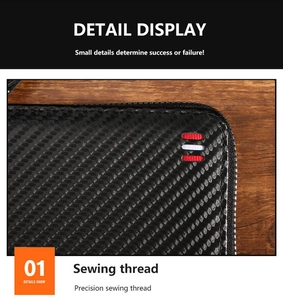 Close-up of carbon fiber texture wallet with precision red-white stripe stitching and metal zipper