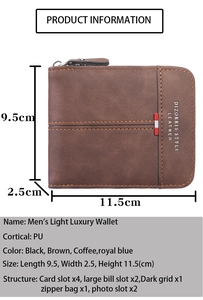 Detail view of brown PU leather men's wallet showing dimensions 11.5x9.5x2.5cm and structure
