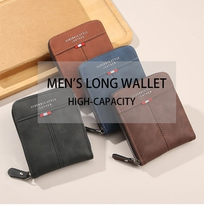 Stacked vintage matte leather wallets for men showing blue, brown, and black color options