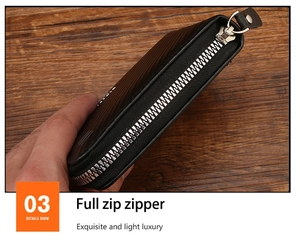 Macro shot of smooth metal full-zip closure on carbon fiber pattern wallet for men