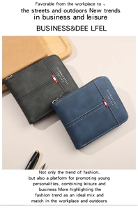 Detail of bifold leather wallets in navy and black featuring an L-shaped zipper closure