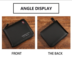 Front and back view of a men's carbon fiber texture wallet with tricolor stripe detail