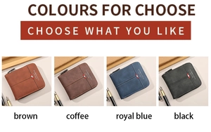 Detailed view of men's short zipper wallets in brown, coffee, royal blue, and black leather