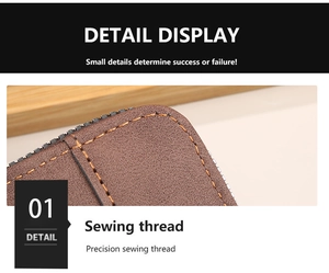 Detailed close-up of brown lychee grain leather wallet with precision orange stitching
