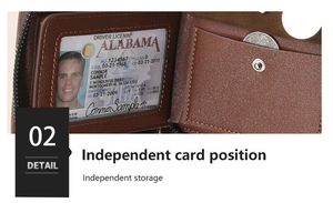 Detail view of leather wallet interior with transparent ID slot and snap coin pocket