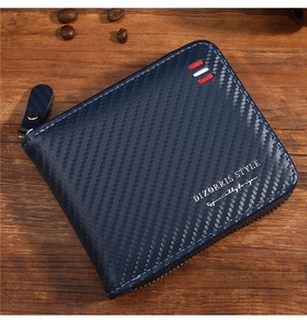 Detailed view of dark blue carbon fiber texture wallet with L-shaped metal zipper closure