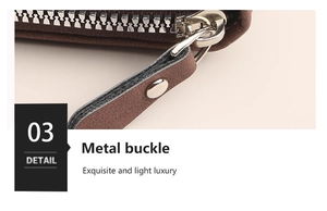 Macro detail of brown textured leather wallet with premium metal zipper and rivet buckle