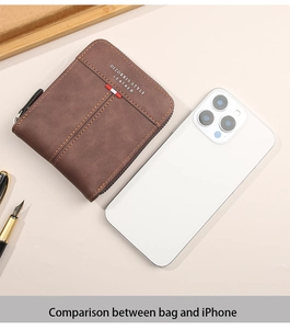 Brown leather men's wallet shown next to a smartphone to demonstrate the compact size