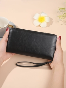 Damen Geldbörse lang in Schwarz mit Litchi-Struktur, minimalistische Clutch mit Reißverschluss