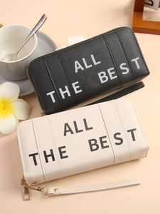 Women's Long PU Leather Wallet Fashion Large Capacity Double Zipper Clutch Bag With Wrist Strap All The Best Letter Print Handbag
