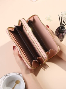 Pink double zipper long wallet for women with large capacity and multi-layer phone storage