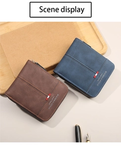 Detailed view of matte leather wallets in brown and blue with L-shaped zipper closure