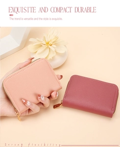 Exquisite compact faux leather card wallet with golden zipper in pink and dark red