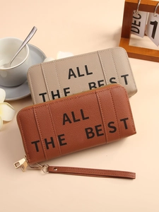 Brown and beige faux leather zip wallets with wristlets and All the Best lettering