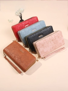 Embossed floral long wallet with double zipper and wristlet strap in five colors