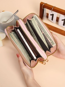 Pink faux leather long wallet for women with double zipper and large capacity compartments