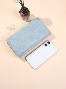 Light blue long floral embossed wallet for women with double zipper and phone capacity
