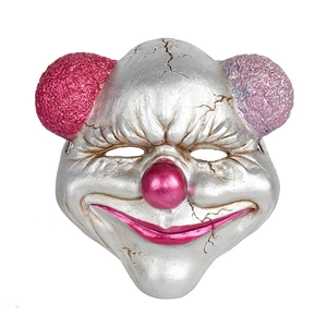 3D scary clown mask with silver metallic cracked texture and red plush hair for Halloween