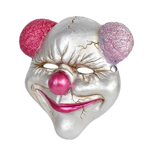 Detailed silver horror smiling clown mask with pink accents for Halloween party props