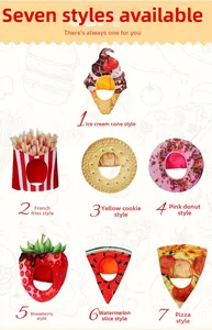 Collage of seven plush food-shaped pet headgear including pizza, strawberry, and fries