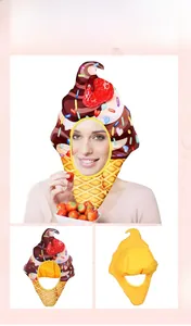Detail view of plush ice cream headwear with strawberry decor and waffle cone pattern