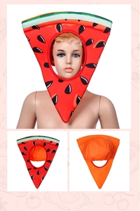 Detailed view of plush watermelon costume headpiece with red fruit and seed patterns
