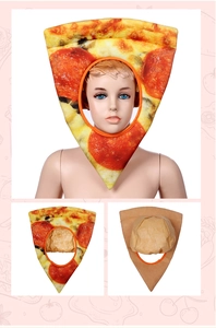 Detailed views of pizza costume hat showing front print, back and child mannequin fit