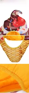 Detailed views of an ice cream cone pet hat showing plush texture and strawberry decor