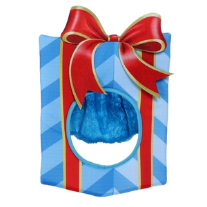 Blue Christmas gift box hat with red bow and striped patterns for festive cosplay costumes
