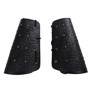 Gothic black crocodile faux leather arm bracers with bronze rivets and lace-up closure