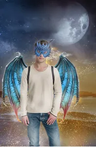 Detail of dragon mask and wings set featuring vibrant red and blue gradient colors