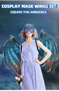 Detailed blue dragon cosplay set featuring a textured mask and large spreading wings