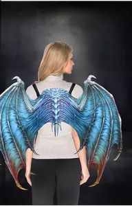 Detail of dark blue dragon wings with skeletal textures and adjustable back straps