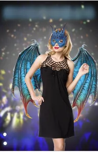 Detail of dragon wings and owl mask set with blue scale texture for party costumes